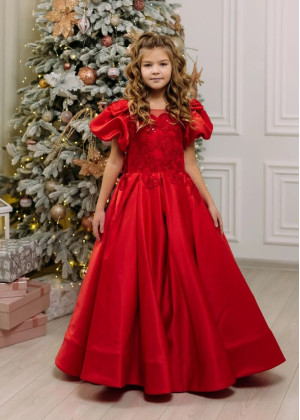 Short Sleeves Red Lace Satin Flower Girl Dress